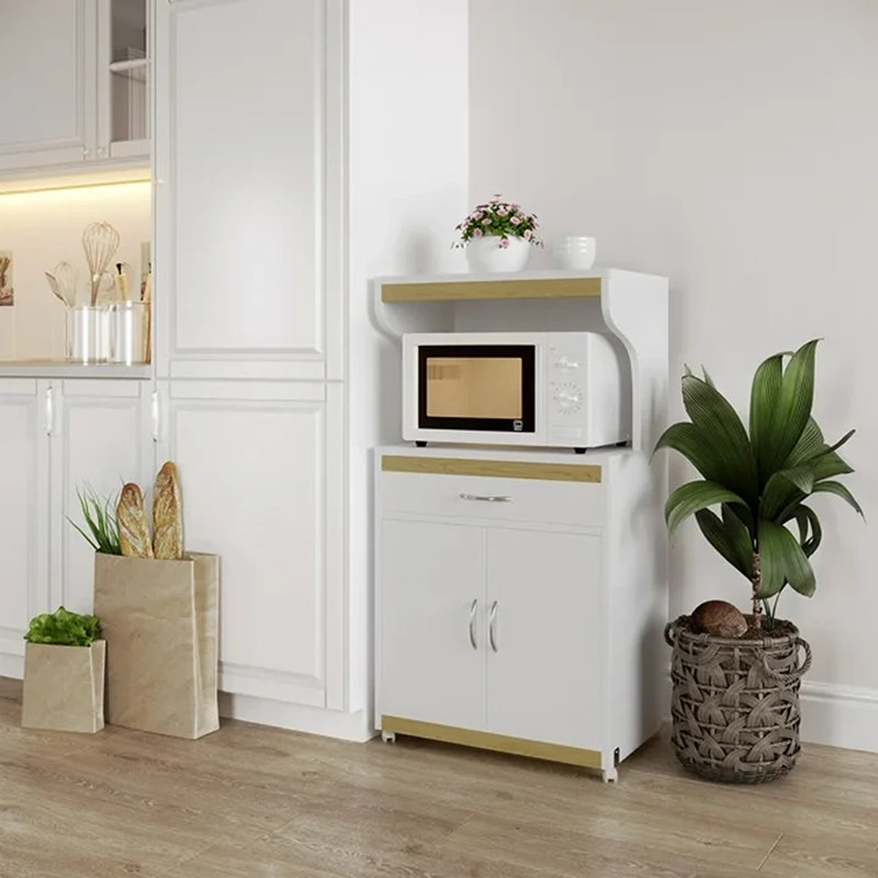 Akillian 45 Kitchen Pantry Microwave Stand with Storage Rolling White Cabinet with Doors Drawer and Locking Wheels Freestanding Wood Cart